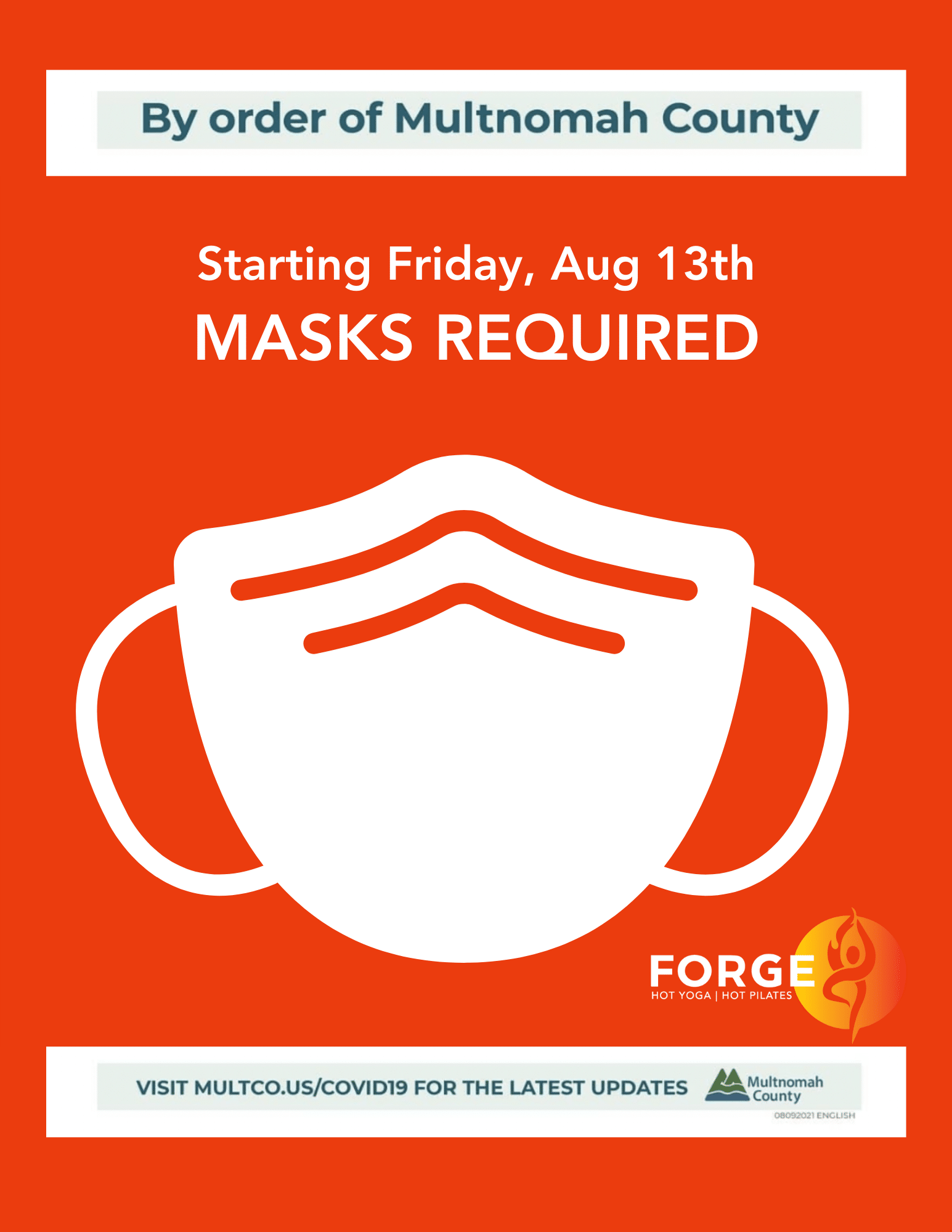 Masks Required Aug 13th Hot Yoga & Hot Pilates