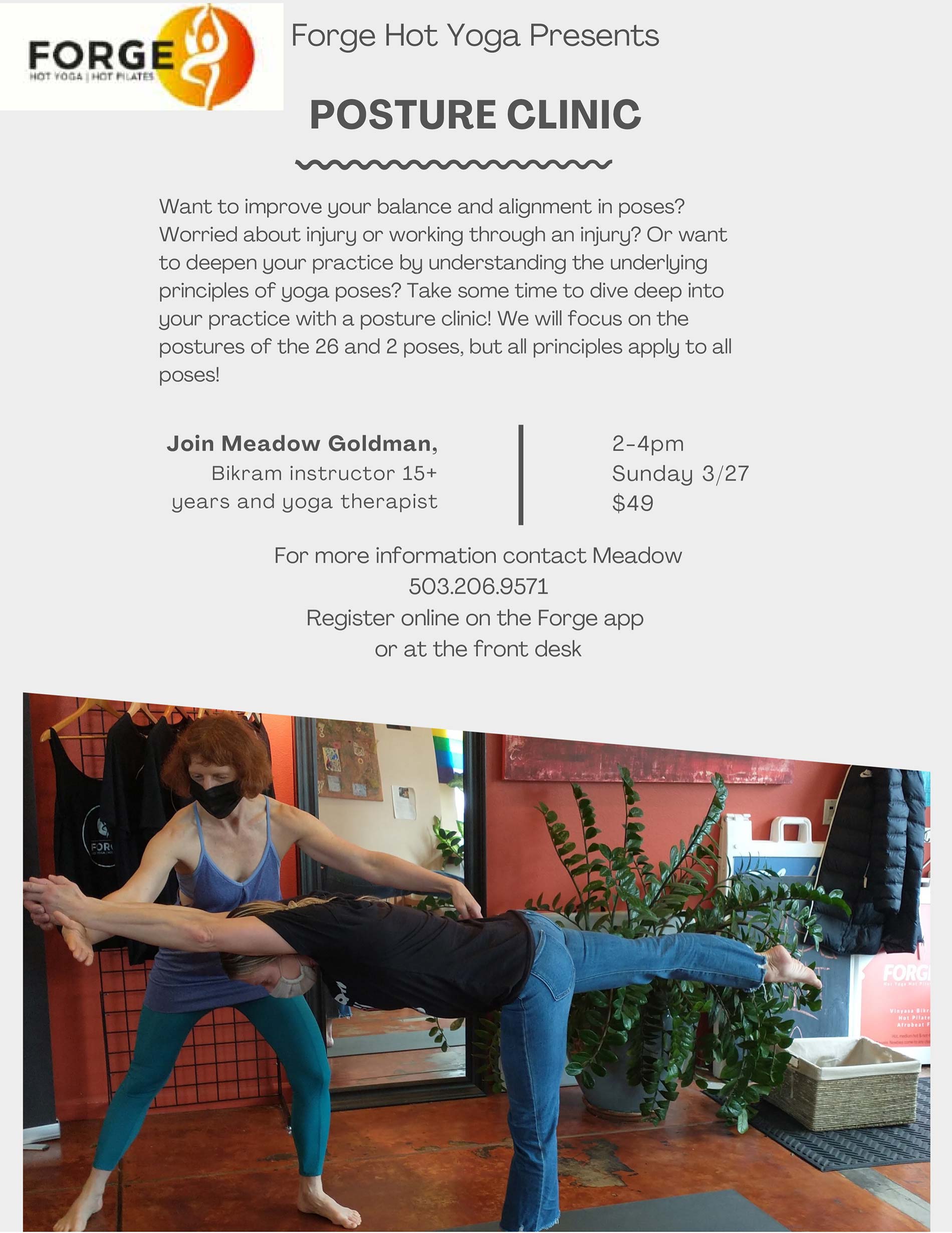 Forge Hot Yoga in Portland Posture clinic class flyer