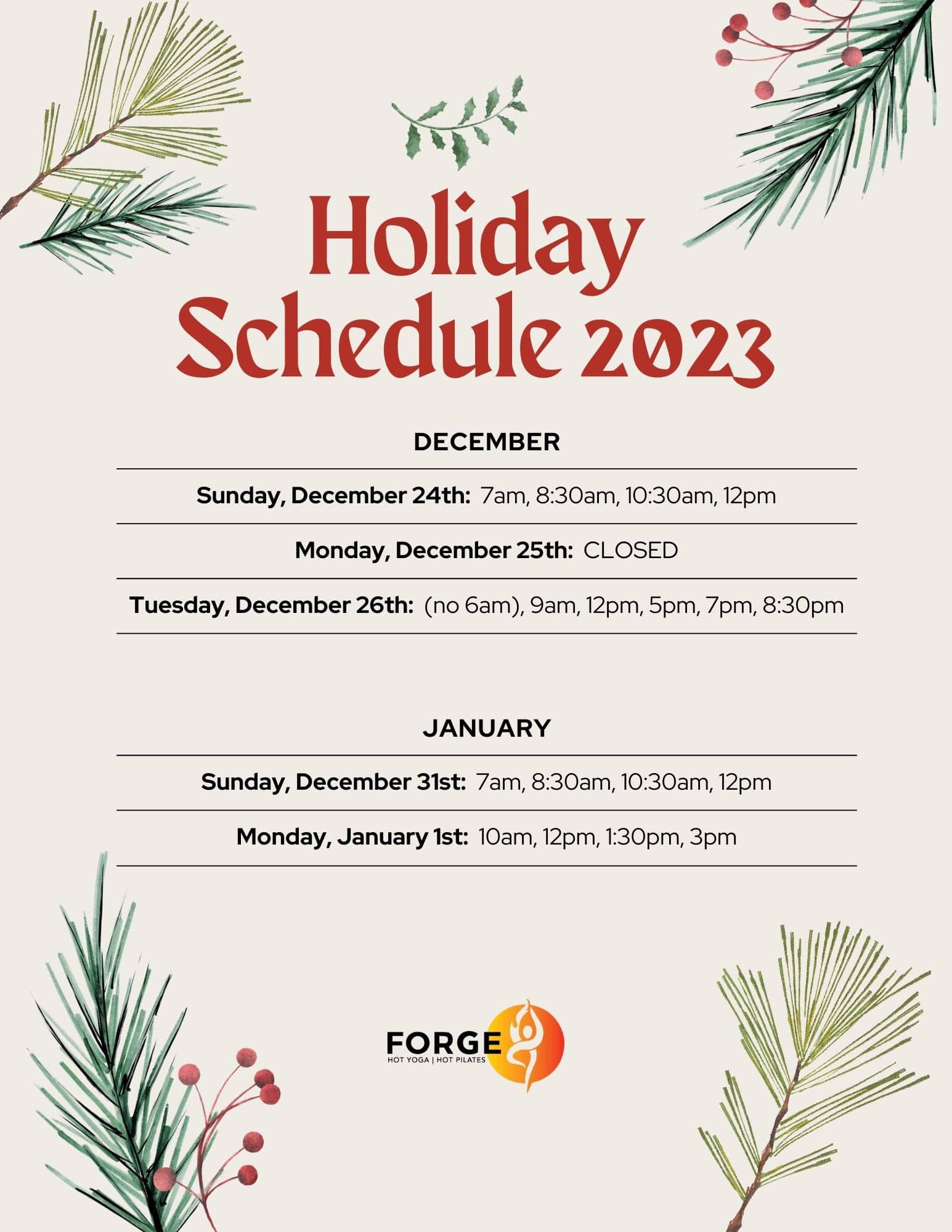 Forge Hot Yoga Holiday Schedule 2023